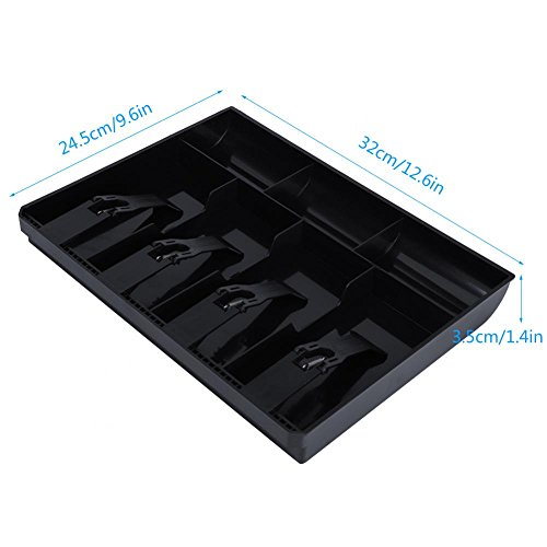 Cash Tray Drawer Register Insert Tray Replacement Plastic 4 Bills 3 Coins Compartments Money Storage Box 12.6 x 9.6 x 1.4inch(Black)