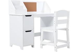 WPOND White Study Desk and Chair Set with Bookshelf, Bulletin Board, and Cabinets - Ideal for Boys and Girls Ages 3-8