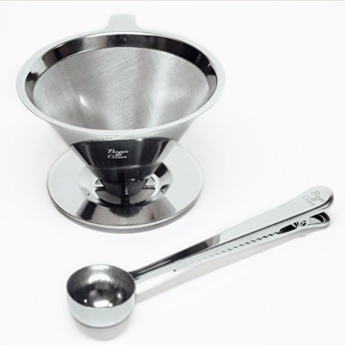 Premium Pour Over Coffee Filter 3-4 cup - Stainless Steel with Ultra Fine Weave, Reusable Eco-Friendly Dripper and Quality Scoop with Bag Clip by Bean Gear