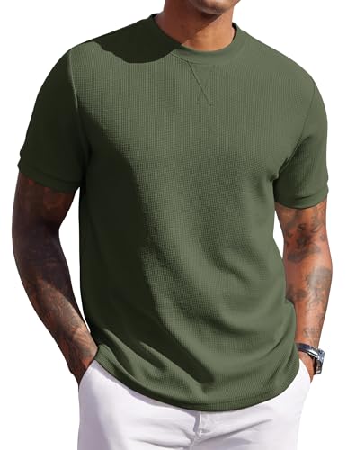 COOFANDY Men's Waffle T-Shirts Short Sleeve Casual Crew Neck Shirt Summer Plain Pullover Tees Army Green S at Amazon