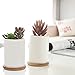 MyGift 4-Inch White Ceramic Succulent Planter Pots w/Removable Bamboo Saucers, Set of 2