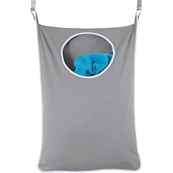 Urban Mom Laundry Nook, Door-Hanging Laundry Hamper with Stainless Steel Hooks, Gray, Large Size