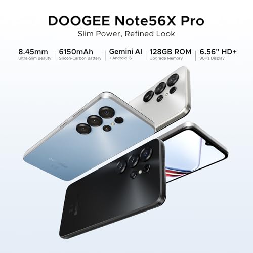 DOOGEESmart Note 56X Pro Mobile Phones, Android 16 Smartphone, Gemimi AI 6150mAh, Ultra-Slim 6.56" HD+, 32GB+128GB/TF 2TB Android Phones, SIM Free Mobile Phone Unlocked, Fingerprint/Face ID/OTG/NFC