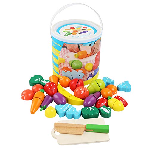 BelleStyle Holz Schneiden Obst und Gemüse Spielzeug Im Eimer,13 Stück Kinder Küchenspielzeug,Küche Spielzeug Rollenspiel…