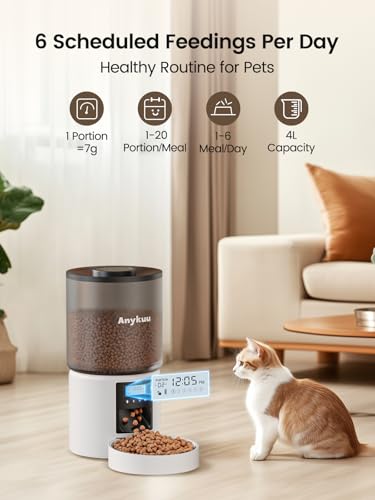 Automatic Cat Food Dispenser 4L Cat Food Dispenser with Programmable Timer and 10S Registration Dispenser Cat Food 1-6 Meals a Day for Small and Medium Pets