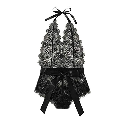 Moilant Women’s Sexy Lingerie V-Neck Eyelash Lace Bodysuit Bowknot Backless Jumpsuit Black