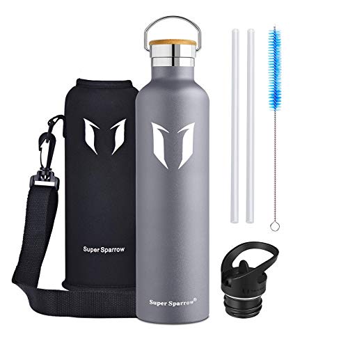 Super Sparrow Trinkflasche Edelstahl - 350ml/500ml/620ml/750ml/1L - Auslaufsicher Thermoskanne, BPA-Frei Wasserflasche - Thermosflasche Kinder für Sprudel, Sport, Schule, Fitness - Mit 2 Deckeln