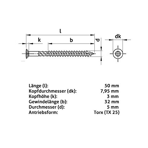 Terrassenschrauben 5 x 70 T-INOX - 500 Stück Edelstahl gehärtet C1, Torx 25 inkl. Edelstahl Bit - AISI 410 martensitisch – Bild 4