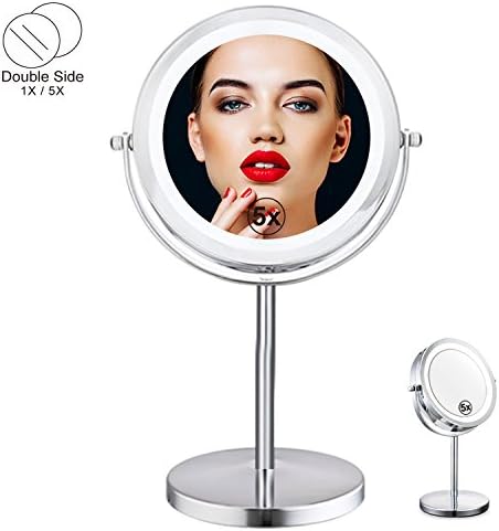 Double Sided Lighted Mirror - 7in LED Makeup Mirror With Lights,1x/5x Magnifying Vanity Mirror With Stand,Round Cosmetic Mirror for Bathroom or Bedroom Countertop,Desk Mirror With 360° Rotation