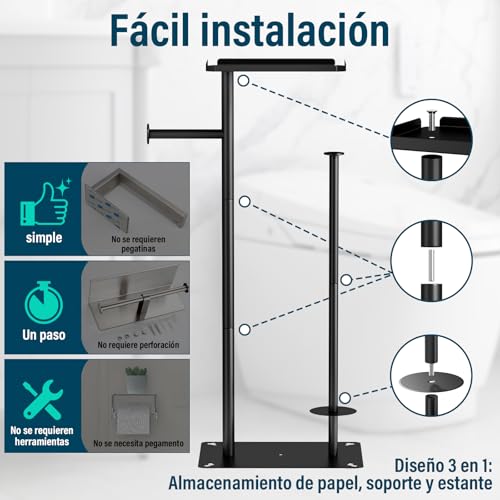 GALASALA Porta Rollos Papel de Baño de Pie, Porta Papel de Baño de Acero Inoxidable, Soporte Portarollos Papels Higienico con Base Antideslizante, para 4 Rollos de Repuesto y 2 Ganchos