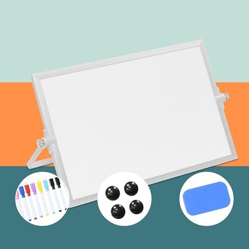 Tableau magnétique de Bureau pivotant 360° avec marqueurs, aimants, éponge, Blanc/Argent, 20 x 30 cm