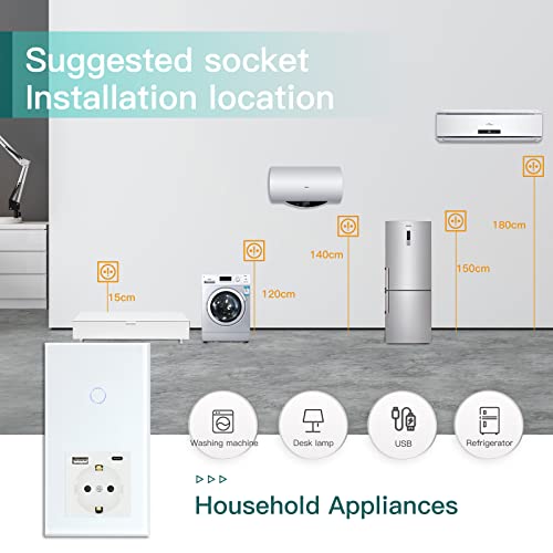 BSEED WiFi Smart Switch, Touch Switches with Glass, Compatible with Alexa, Tuya and Smart Life, Neutral Cable Required, 1 Gang 1 Way + 1 USB/Type C Plug, 157 mm White