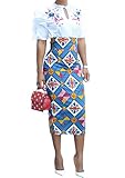 Chellysun Women African Printed Skirt Knee Length Midi Pencil Skirt Slim Fit Skirt with Back Slit