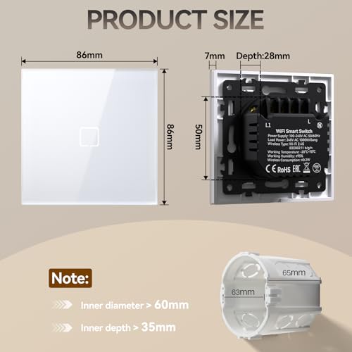 BSEED Smart Wall Touch Switch, Glass Panel, Push Button with LED Lights, Easy to Clean, E-Series, 1 Gang 1 Way, 86 mm White