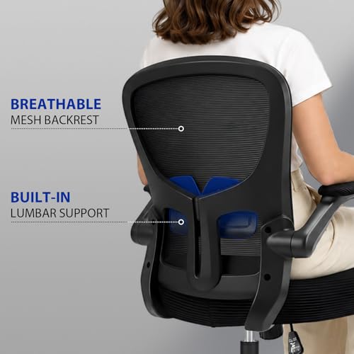 Durrafy Ergonomic Office Chair, Mesh Desk Chair with Adjustable Lumbar Support & Flip-Up Arms, Height Adjustable Swivel for Home Office, Mid Back with Castors, Black