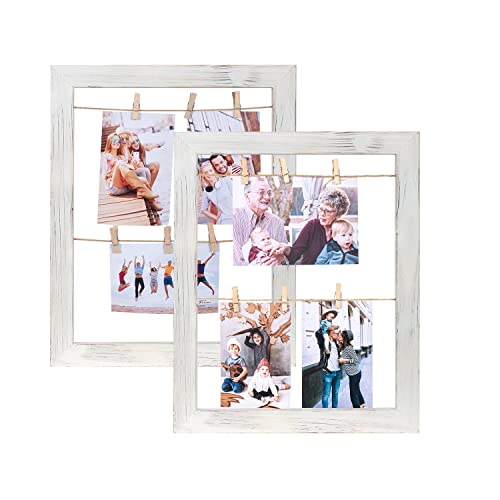 Hogaryo 100% Solid Wood White Clip Picture Frame for Wall Collage Photo Hanging, Display Picture Decor with 6 Clips Vintage Rustic Frames