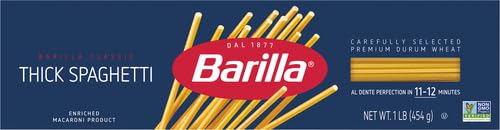 BARILLA THICK SPAGHETTI PASTA, 16 OZ. BOX – NON-GMO, MADE WITH DURUM WHEAT SEMOLINA – KOSHER CERTIFIED