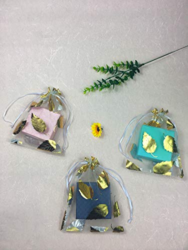 COTOSEY 100PCS 5x7 (13x18cm) Drawstring Organza Jewelry Favor Pouches Wedding Party Festival Gift Bags Candy Bags (5x7, White-Gold Leaf)