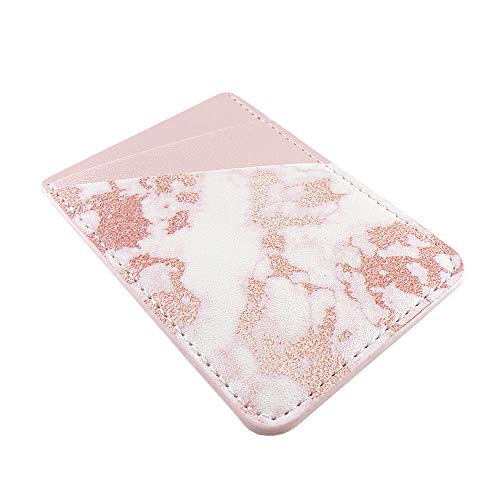 Obbii Rose Gold Marble Pink PU Leather Card Holder for Back of Phone with 3M Adhesive Stick-on Credit Card Wallet Pockets for iPhone and Android Smartphones