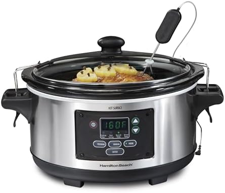 Hamilton Beach Portable 6 Quart Set & Forget Digital Programmable Slow Cooker with Lid Lock, Temperature Probe, Dishwasher Safe Crock & Lid, Stainless Steel (33969A)