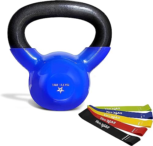 Yes4All 10 lb Kettlebell and Resistance Loop Bands Vinyl Coated Cast Iron – Great for Dumbbell Weights Exercises, Hand and Heavy Weights for Gym, Fitness, Full Body Workout Equipment Push up, Grip Strength and Strength Training, PVC Blue