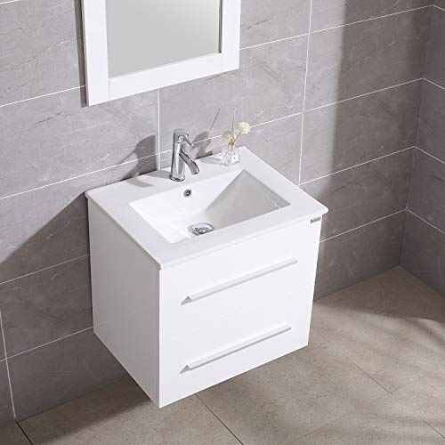 Walnest 24" White Bathroom Vanity and Sink Set Wall Mounted 2 Drawers Storage Cabinet with Ceramic Vessel Basin Chrome Faucet and Mirror Combo