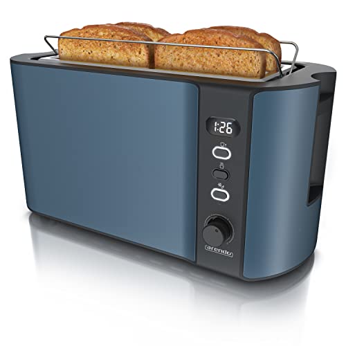Arendo - Grille Pain 2 Larges Fentes 4 tranches écran Digital, Grille-Pain Automatique 3en1-1500W - 6 Niveaux réglables décongélation réchauffe viennoiseries Plateau à miettes, Toaster Bleu Admiral