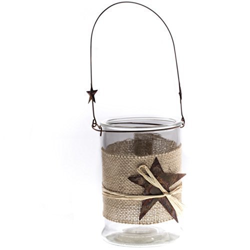 Factory Direct CraftR Burlap Wrapped Hanging Thick Glass Jar with Rusted Star on Front and Hanger Perfect for Candles [parallel import goods]