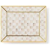 MACKENZIE-CHILDS Glass Tray, Small, Brown-and-White Mocha Check | Features a checkered pattern, made from printed glass and plastic, decorative bathroom counter tray, 7" W x 5.5" L x 0.8" H