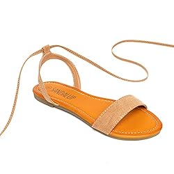 SANDALUP Tie Up Ankle Strap Flat Sandals for Women