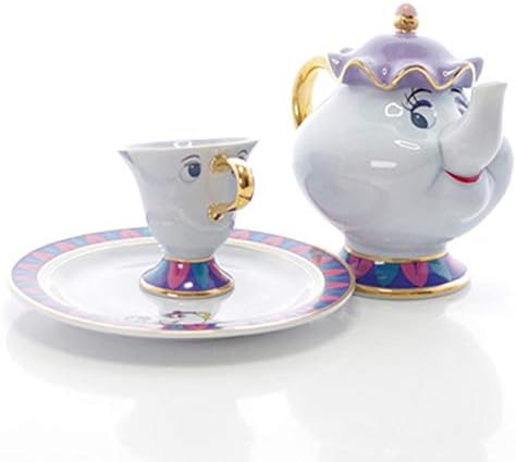 Promotion! Cartoon Beauty and The Beast Tea Set Mrs Potts Teapot Chip Cup Sugar Bowl Pot Set Coffee Kettle Birthday Xmas Gift-1 Pot 1 Cup 1 Plate