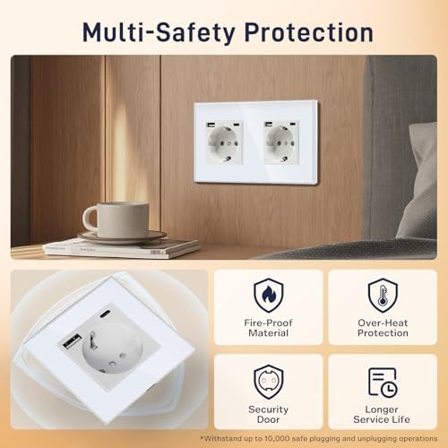 USB Steckdose Doppel Weiß Schuko Wandsteckdose mit USB Anschluss (Max. 2.1A) Typ C Port Unterputz Steckdose Glas Ladegerät für Handys, Laptops etc