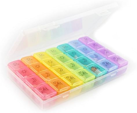 Large 7 day weekly am pm pill organizer with separate daily pill box, portable pill holder for traveling, durable pill case for Vitamin Fish Oil (Rainbow, Large)