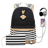 Sqodok School Backpack Canvas Bookbag 14" Laptop Backpack with USB Charger Port Travel Daypack School Bookbag for Women, Black