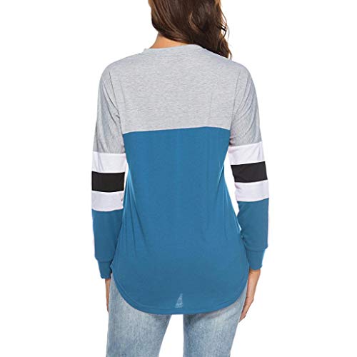Misaky 2018 Women's Patchwork Shirt Autumn Striped V-Neck Tops Loose Long Sleeve Blouse Blue