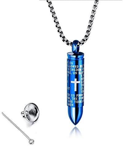 HUILI Men's Stainless Steel Bullet Urn Pendant Pet Ash Memorial Necklace Engraving Cross Prayer Pendant Cremation Jewelry with 55 cm Chain,B