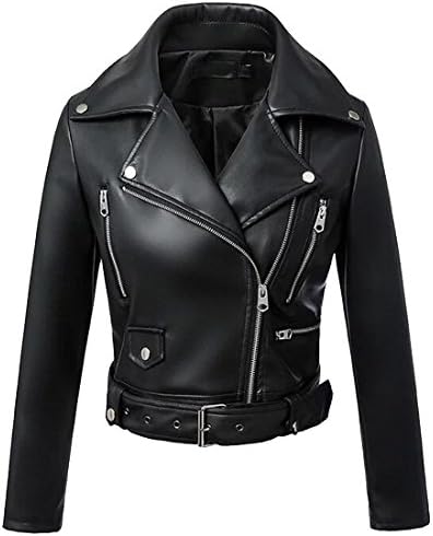 Osave Women Black PU Crop Top Jacket Multi-zipper Waterproof Belted Slim Fit Blazer (L)