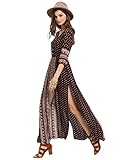 ROMWE Women's Summer Casual Half Sleeve Vintage Print Split Maxi Dress Black XL