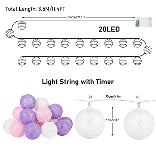Guirnalda Luces Interior, 3.5M 20 LED Bolas de Algodón Batería, Guirnalda de Luces de Algodón, Cadena de Luces para Algodón Bola, Cadena de Luz LED Temporizador para Balcón, Fiesta, Boda, Decoración