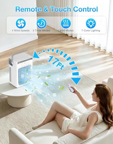 Portable Air Conditioners, Mini Personal Evaporative Cooler with Remote, 2 Mist Modes, 4 Wind Speeds, 1100 ML Water Tank, 2/4/6H Timer, Colorful Light, USB-C Powered Cooling Fan for Room Office Car