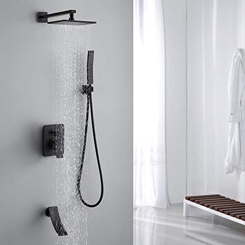 Shower Systems Luxury Matte Black Bathroom Shower Faucet with Tub Spout,8'' Rain Shower Head and Handheld Wall Mount Shower Fixtures (Matte Black shower faucet)