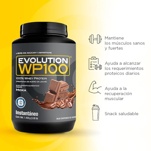 EVOLUTION, Proteína de Suero de Leche, WP100, Whey Protein, 18 Aminoácidos, Sin Gluten, Sugar Free, Post Workout, Sabor Moka, 43 Porciones, 1400g