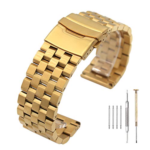 Brushed Gold 316L Solid Stainless Steel Watch Band Bracelet Strap 20mm/22mm/24mm Double Locking Clasp for Mens Women