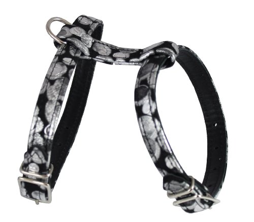 Luxury Black Genuine Leather Silver Print Dog Harness for Toy Breeds. Fits for 11"-14" chest size Yorkshire Terrier, Puppies