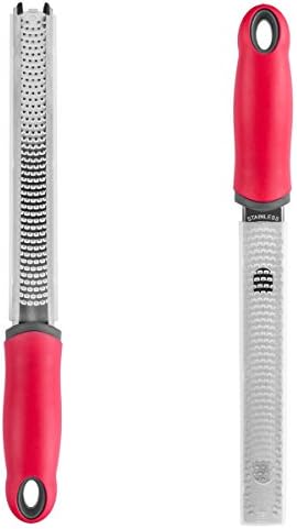 Glantop Lemon Zester Cheese Grater with Plastic Cover &amp; Long Ergonomic Handle , Professional Stainless Steel Kitchen Tool for Potato, Citrus, Coconut, Chocolate(12.5 in) (Red)