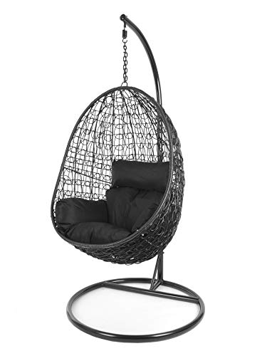 Kideo® Komplettset: schwarzer Hängesessel mit Gestell & Kissen, Poly-Rattan, komplett schwarzes Set (Kissen: schwarz) – Bild 3