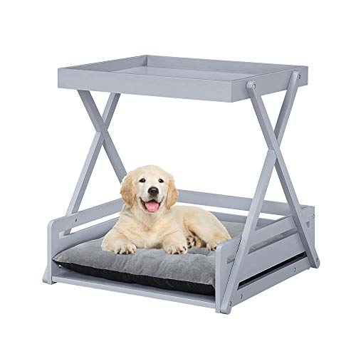 unipaws Pet Dog Bed Frame with Removable Cushion, End Table Cat Lounge, Multi-Functional Wooden Pet Furniture, Suitable for Puppy and Kitten, Gray