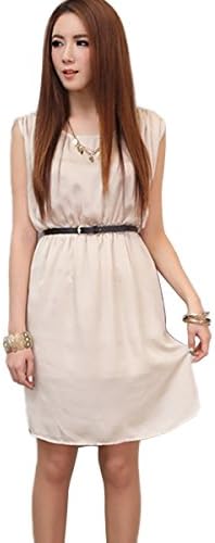 Amazon ギャザーショルダー ノースリーブサテンワンピース 細ベルト付き ピンク ワンピース チュニック 通販