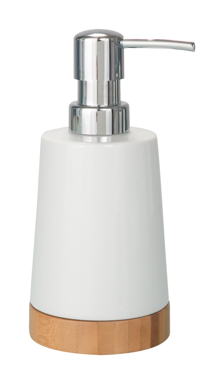 WENKO 17678100 Soap dispenser Bamboo - Capacity: 0.33 l, Ceramic, 9 x 17.5 x 8 cm, White