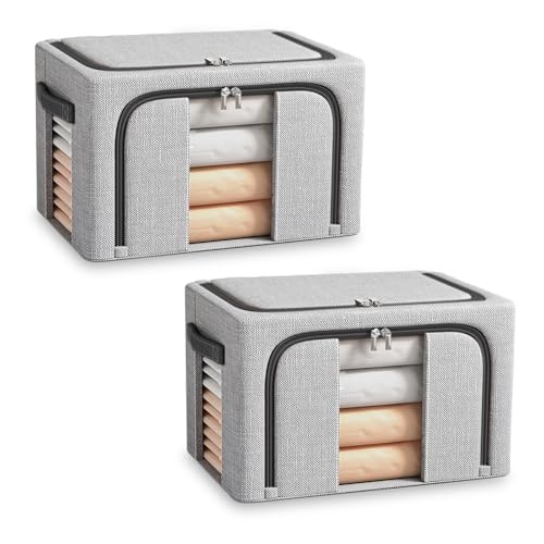 Resszo Lot of 2 Rigid Wardrobe Boxes 66L, 50x40x33CM Clothes Boxes with Metal Frame, Oxford & Double Window/Zip, Space Saving Closet Containers, Grey